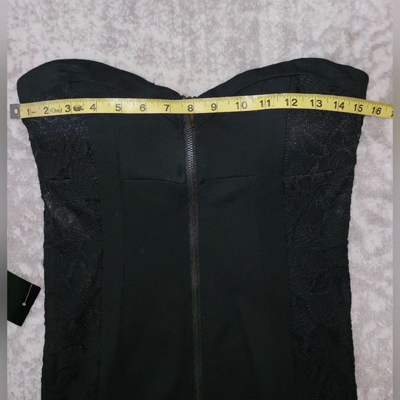 New Bebe Black Mini Dress, Zip Front, Lace Side Panel, Bustier, Size S. - Picture 8 of 11